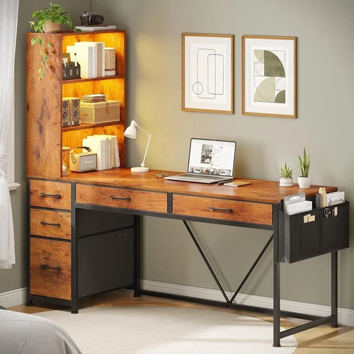 Computer Desk with 5 Drawers&Bookshelf, Reversible